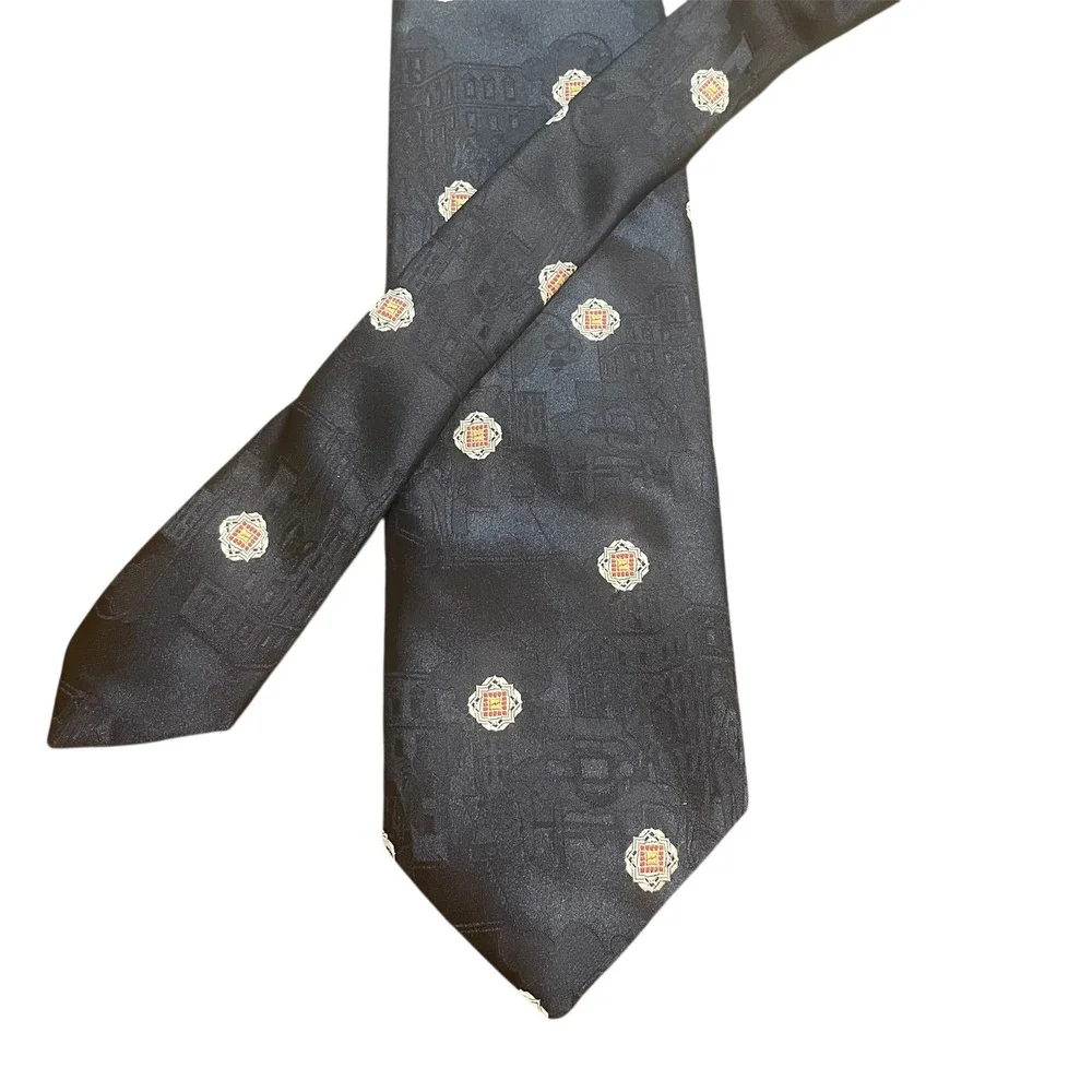 Wembley Wemlon Mens Navy Blue Architectural Jacquard Medallion Vintage Necktie